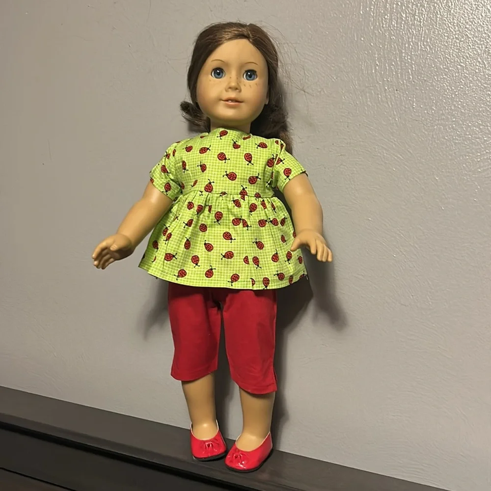 18” Doll-Handmade Green Ladybug Print Top, Cropped Red Pants and added Red Shoes